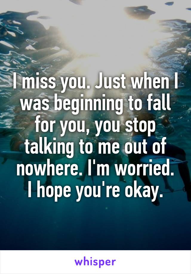 I miss you. Just when I was beginning to fall for you, you stop talking to me out of nowhere. I'm worried. I hope you're okay.
