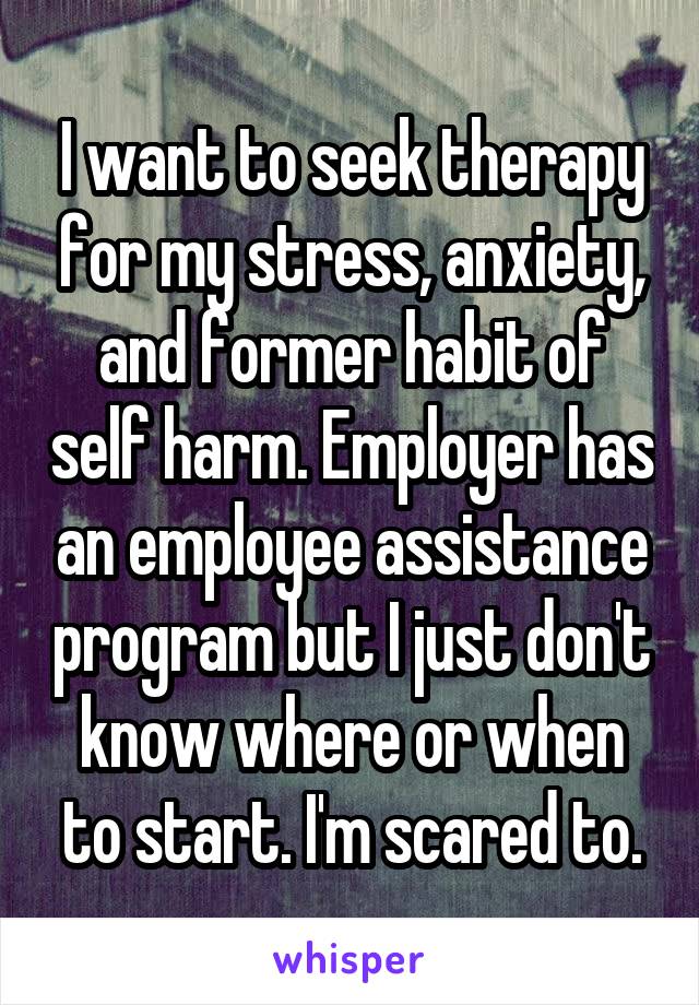 I want to seek therapy for my stress, anxiety, and former habit of self harm. Employer has an employee assistance program but I just don't know where or when to start. I'm scared to.