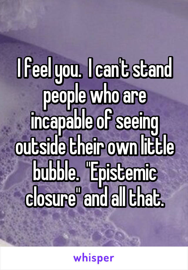 I feel you.  I can't stand people who are incapable of seeing outside their own little bubble.  "Epistemic closure" and all that.
