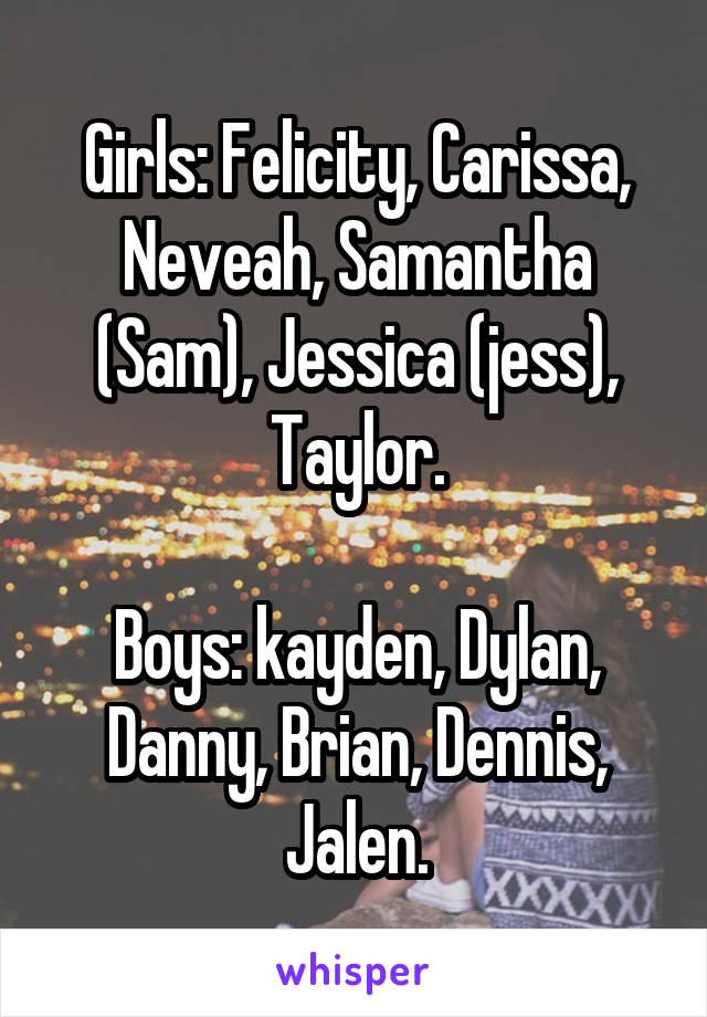 Girls: Felicity, Carissa, Neveah, Samantha (Sam), Jessica (jess), Taylor.

Boys: kayden, Dylan, Danny, Brian, Dennis, Jalen.
