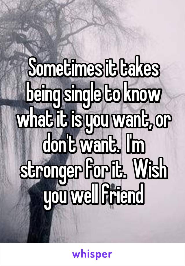 Sometimes it takes being single to know what it is you want, or don't want.  I'm stronger for it.  Wish you well friend