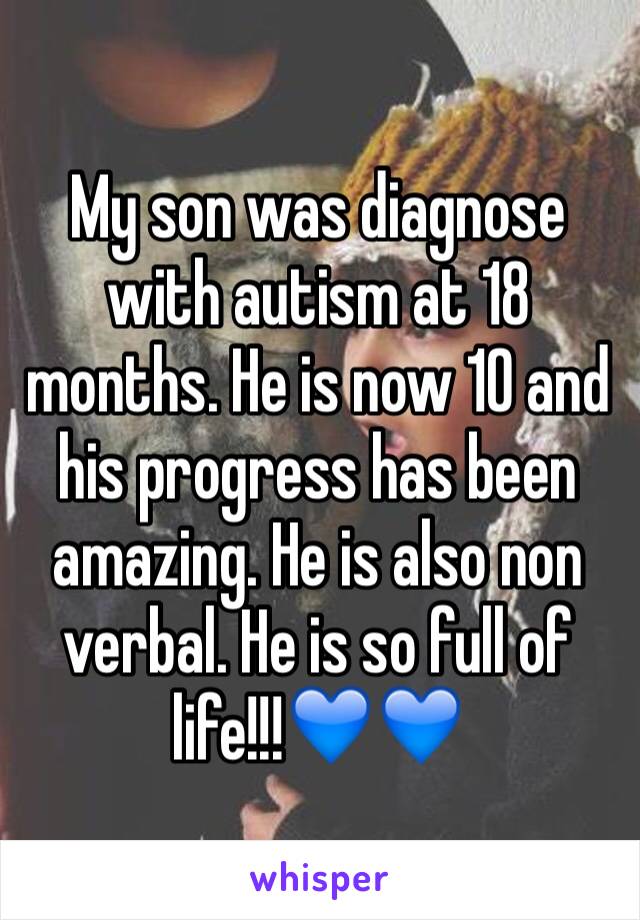 My son was diagnose with autism at 18 months. He is now 10 and his progress has been amazing. He is also non verbal. He is so full of life!!!💙💙