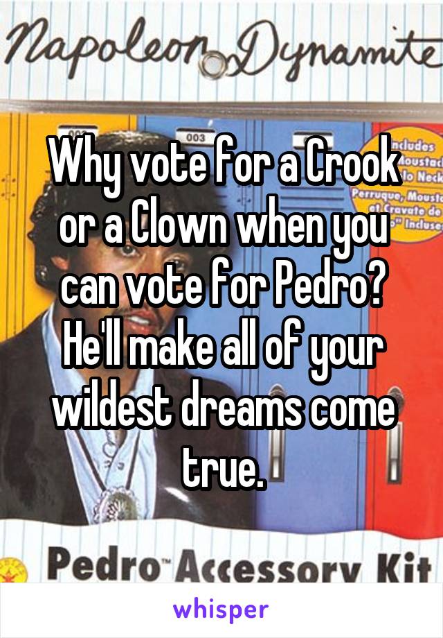 Why vote for a Crook or a Clown when you can vote for Pedro? He'll make all of your wildest dreams come true.