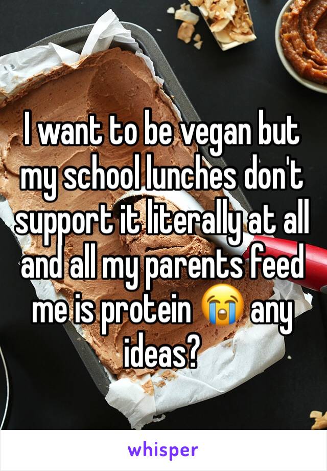 I want to be vegan but my school lunches don't support it literally at all and all my parents feed me is protein 😭 any ideas?
