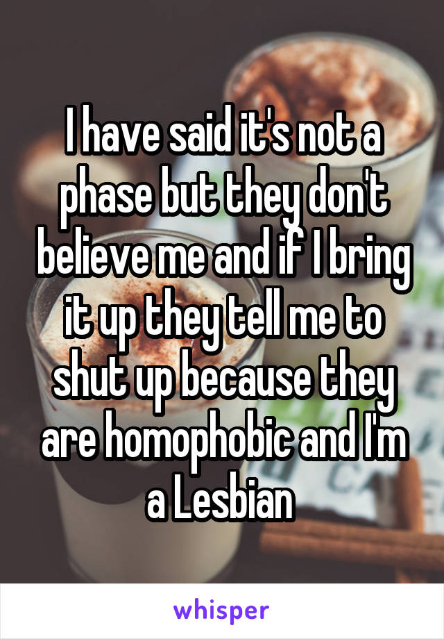 I have said it's not a phase but they don't believe me and if I bring it up they tell me to shut up because they are homophobic and I'm a Lesbian 