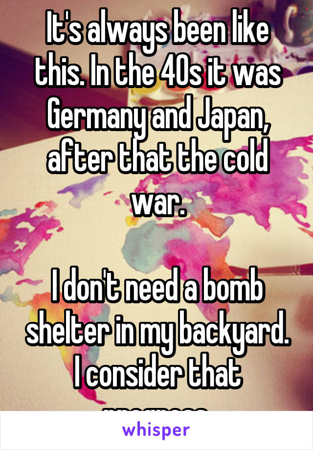 It's always been like this. In the 40s it was Germany and Japan, after that the cold war.

I don't need a bomb shelter in my backyard. I consider that progress.