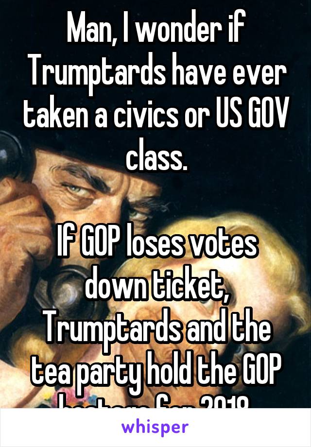 Man, I wonder if Trumptards have ever taken a civics or US GOV class.

If GOP loses votes down ticket, Trumptards and the tea party hold the GOP hostage for 2018.