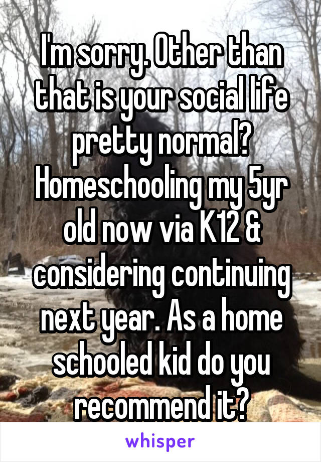 I'm sorry. Other than that is your social life pretty normal? Homeschooling my 5yr old now via K12 & considering continuing next year. As a home schooled kid do you recommend it?