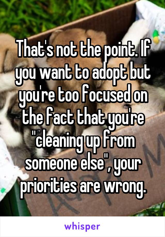 That's not the point. If you want to adopt but you're too focused on the fact that you're "cleaning up from someone else", your priorities are wrong.