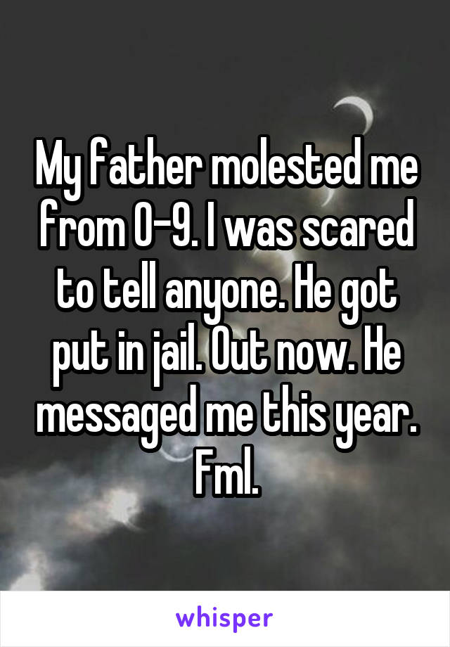 My father molested me from 0-9. I was scared to tell anyone. He got put in jail. Out now. He messaged me this year. Fml.
