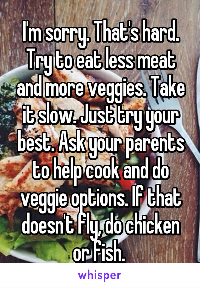 I'm sorry. That's hard. Try to eat less meat and more veggies. Take it slow. Just try your best. Ask your parents to help cook and do veggie options. If that doesn't fly, do chicken or fish. 