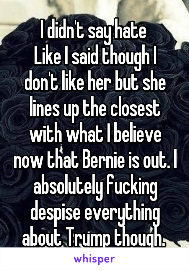 I didn't say hate 
Like I said though I don't like her but she lines up the closest with what I believe now that Bernie is out. I absolutely fucking despise everything about Trump though. 