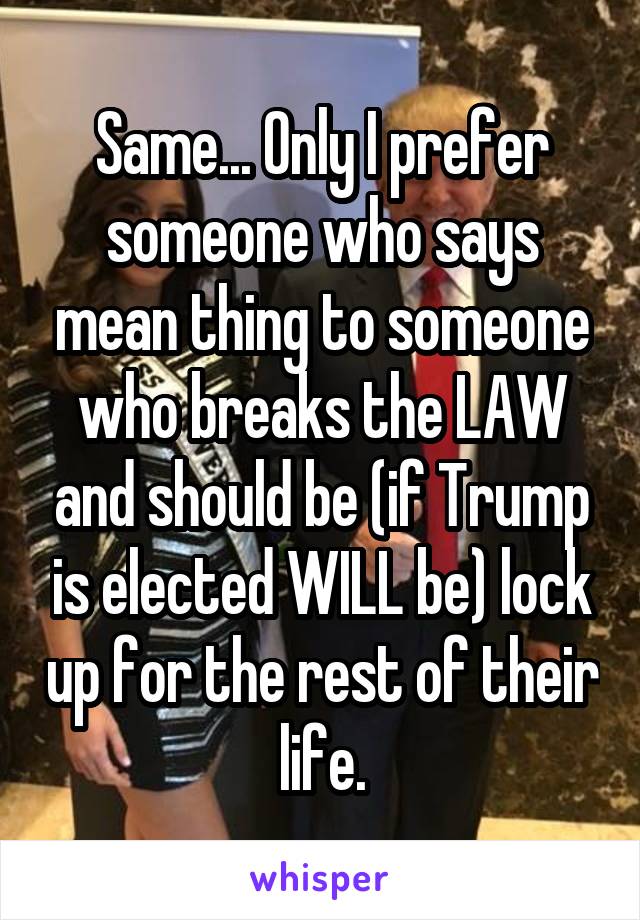 Same... Only I prefer someone who says mean thing to someone who breaks the LAW and should be (if Trump is elected WILL be) lock up for the rest of their life.