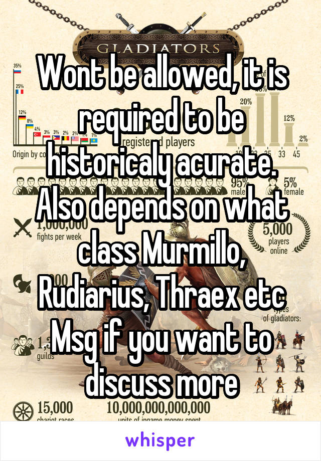 Wont be allowed, it is required to be historicaly acurate. Also depends on what class Murmillo, Rudiarius, Thraex etc
Msg if you want to discuss more