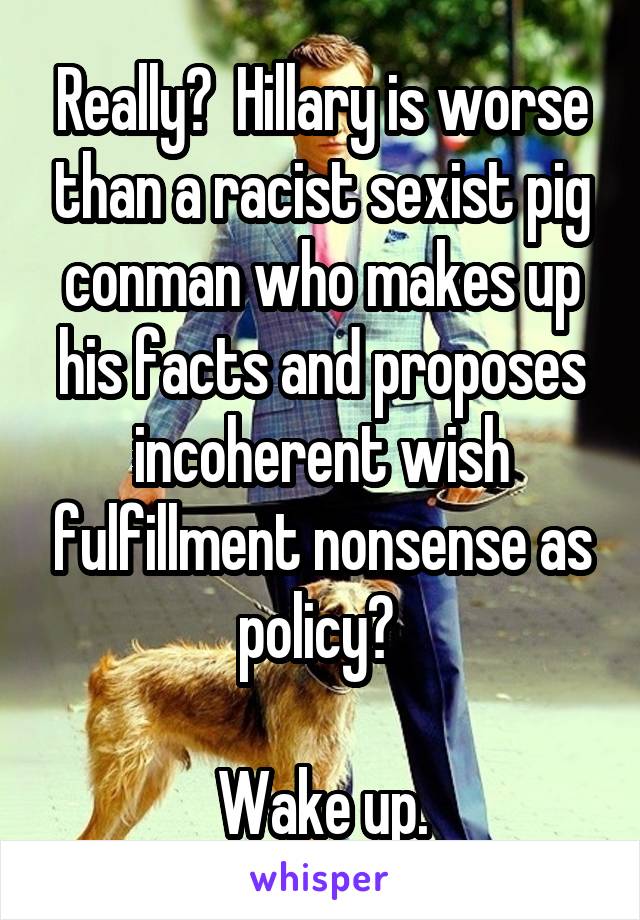 Really?  Hillary is worse than a racist sexist pig conman who makes up his facts and proposes incoherent wish fulfillment nonsense as policy? 

Wake up.