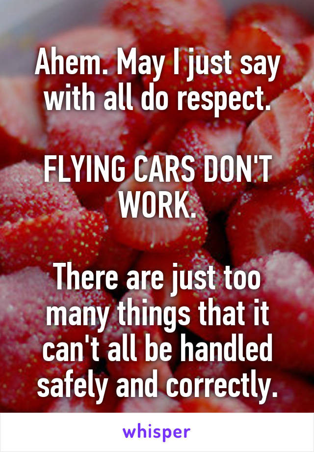Ahem. May I just say with all do respect.

FLYING CARS DON'T WORK.

There are just too many things that it can't all be handled safely and correctly.