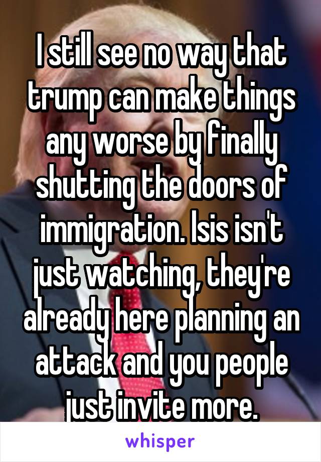 I still see no way that trump can make things any worse by finally shutting the doors of immigration. Isis isn't just watching, they're already here planning an attack and you people just invite more.