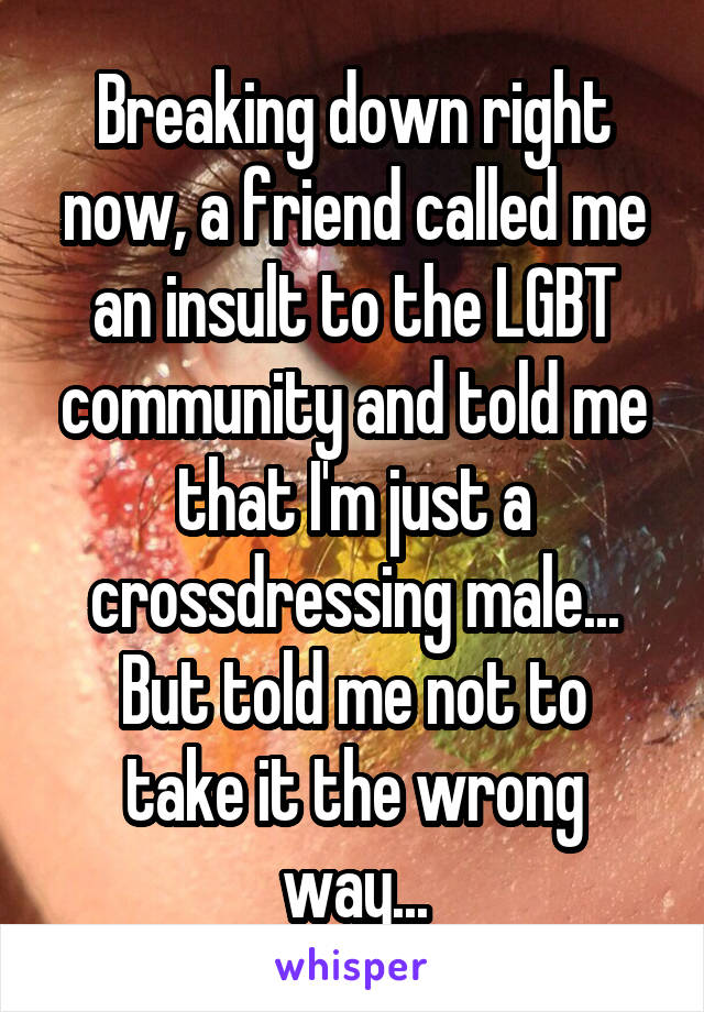 Breaking down right now, a friend called me an insult to the LGBT community and told me that I'm just a crossdressing male...
But told me not to take it the wrong way...