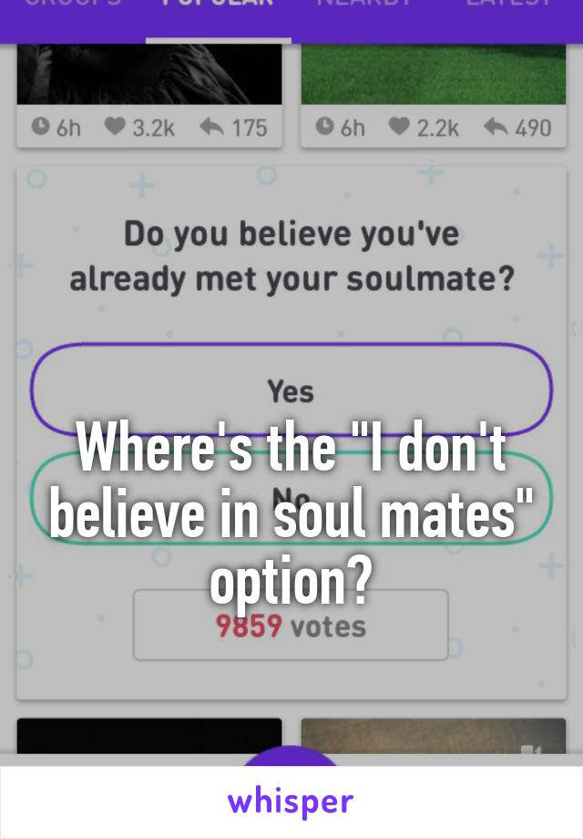 


Where's the "I don't believe in soul mates" option?