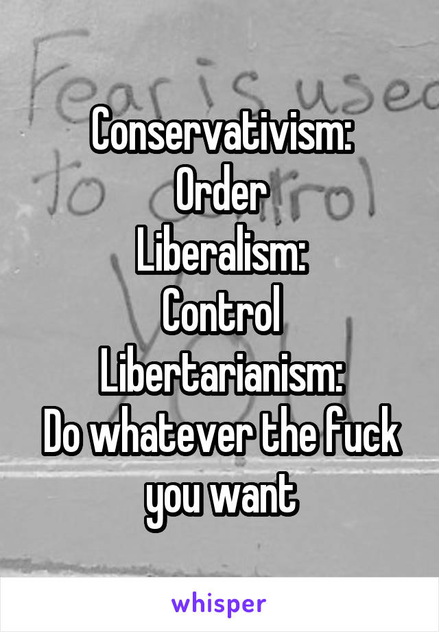 Conservativism:
Order
Liberalism:
Control
Libertarianism:
Do whatever the fuck you want