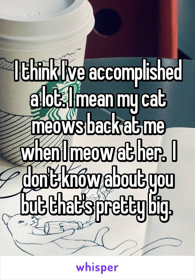 I think I've accomplished a lot. I mean my cat meows back at me when I meow at her.  I don't know about you but that's pretty big. 