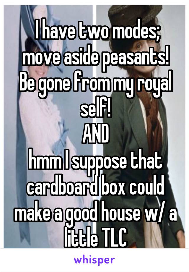  I have two modes; move aside peasants! Be gone from my royal self!
AND
hmm I suppose that cardboard box could make a good house w/ a little TLC