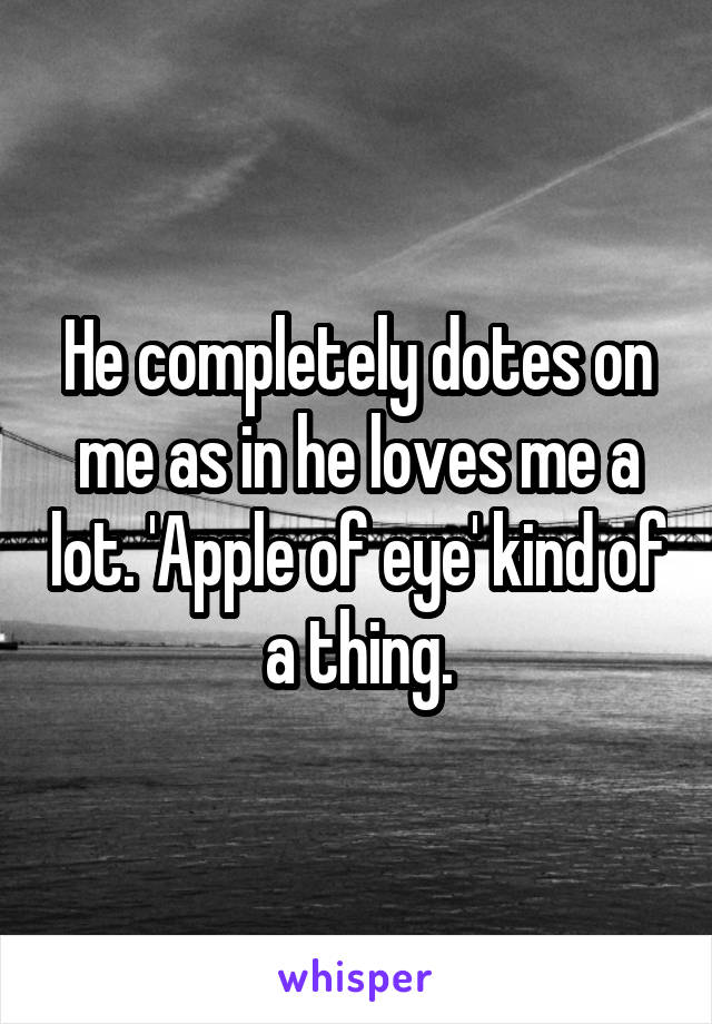 He completely dotes on me as in he loves me a lot. 'Apple of eye' kind of a thing.