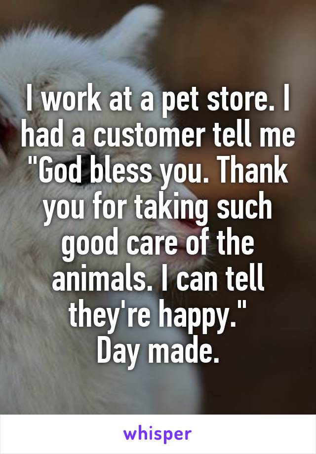 I work at a pet store. I had a customer tell me "God bless you. Thank you for taking such good care of the animals. I can tell they're happy."
Day made.