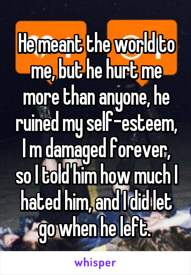He meant the world to me, but he hurt me more than anyone, he ruined my self-esteem, I m damaged forever, so I told him how much I hated him, and I did let go when he left. 