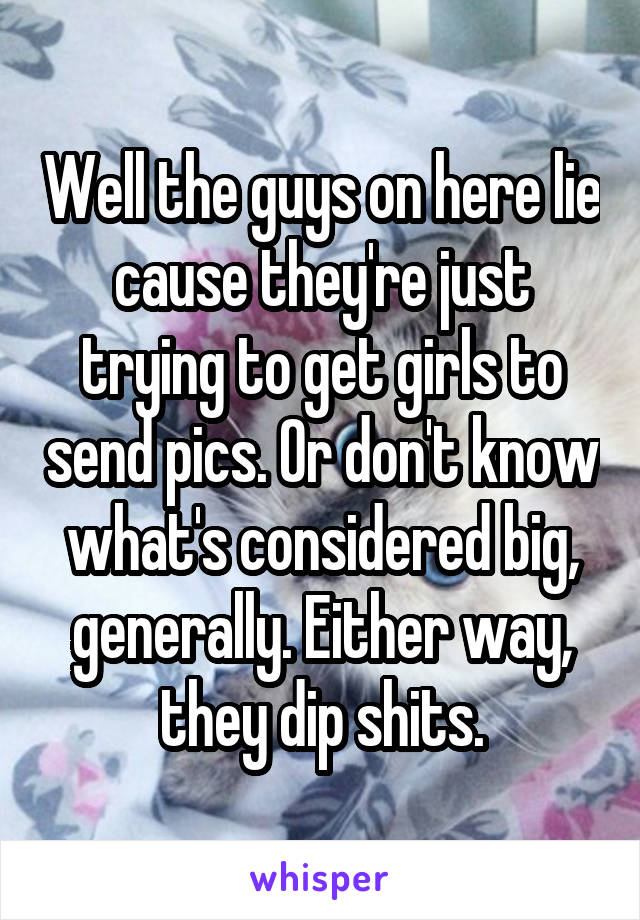 Well the guys on here lie cause they're just trying to get girls to send pics. Or don't know what's considered big, generally. Either way, they dip shits.