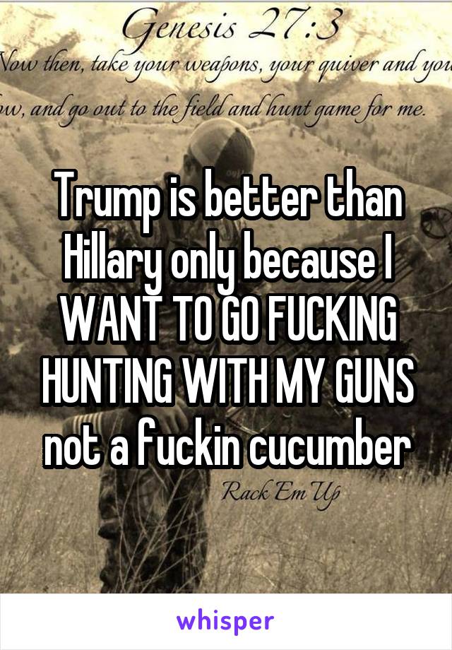 Trump is better than Hillary only because I WANT TO GO FUCKING HUNTING WITH MY GUNS not a fuckin cucumber
