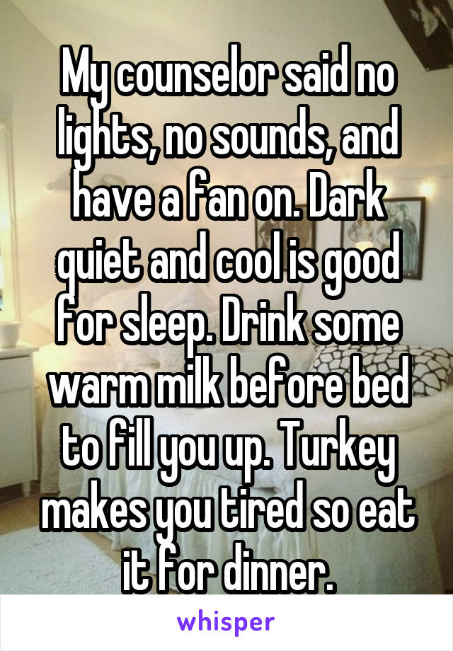 My counselor said no lights, no sounds, and have a fan on. Dark quiet and cool is good for sleep. Drink some warm milk before bed to fill you up. Turkey makes you tired so eat it for dinner.