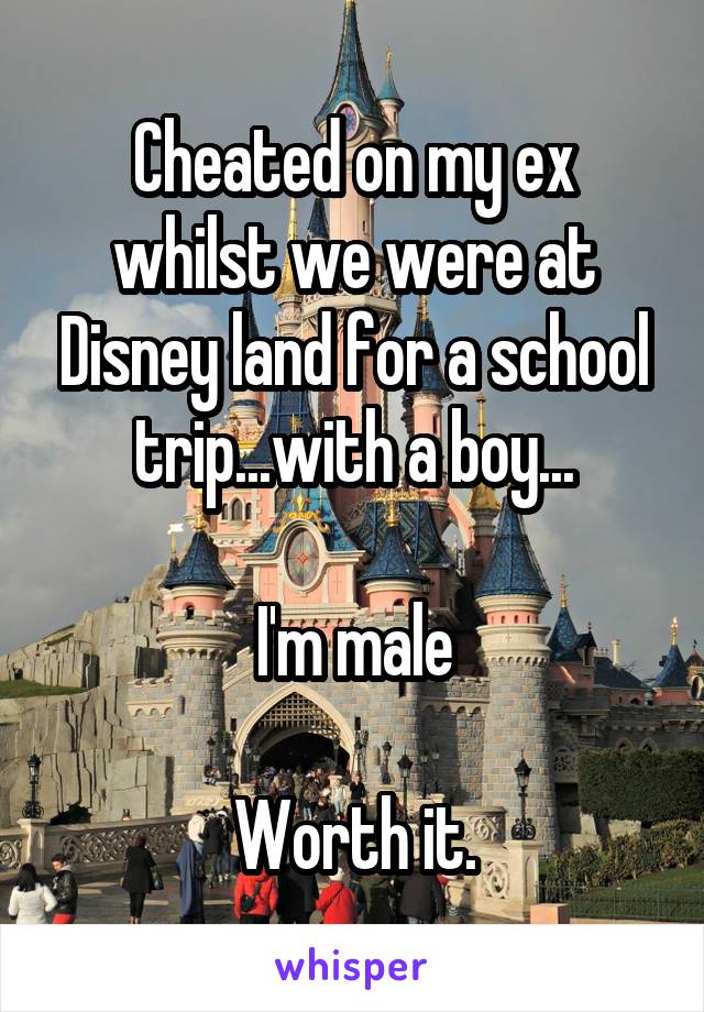 Cheated on my ex whilst we were at Disney land for a school trip...with a boy...

I'm male

Worth it.