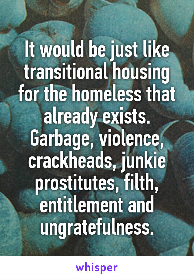It would be just like transitional housing for the homeless that already exists. Garbage, violence, crackheads, junkie prostitutes, filth, entitlement and ungratefulness.