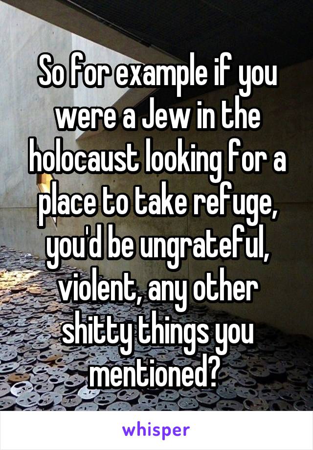 So for example if you were a Jew in the holocaust looking for a place to take refuge, you'd be ungrateful, violent, any other shitty things you mentioned? 