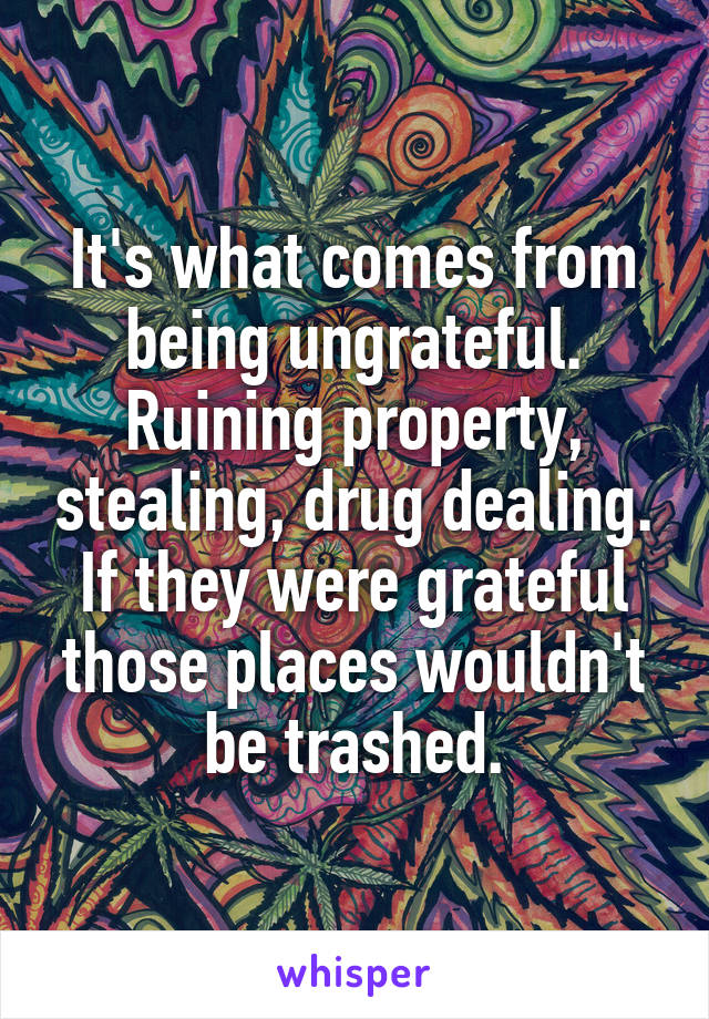 It's what comes from being ungrateful.
Ruining property, stealing, drug dealing. If they were grateful those places wouldn't be trashed.