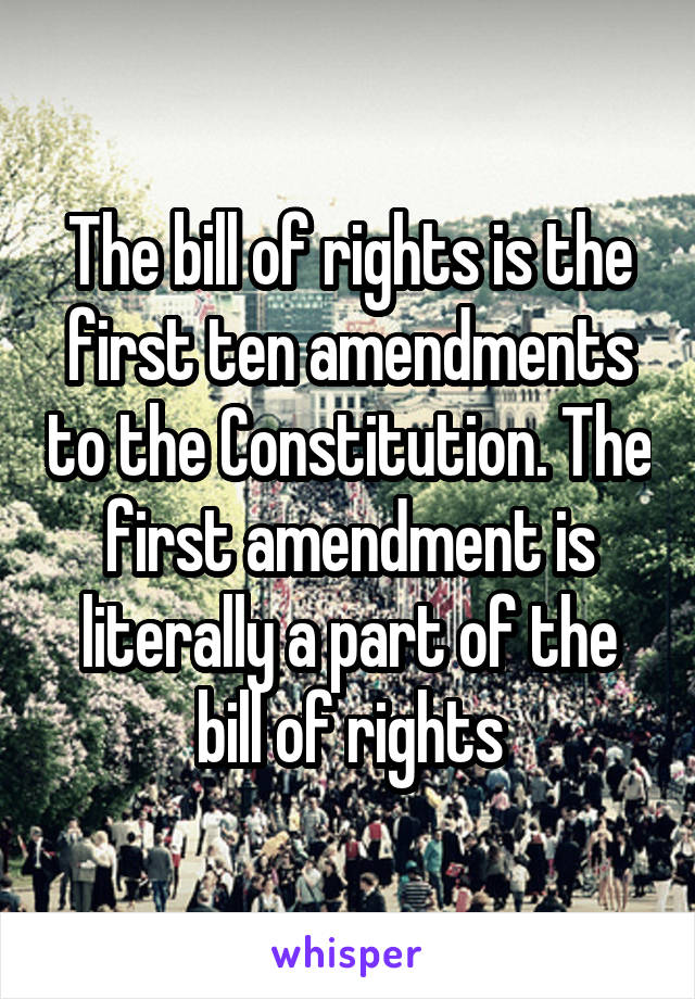 The bill of rights is the first ten amendments to the Constitution. The first amendment is literally a part of the bill of rights