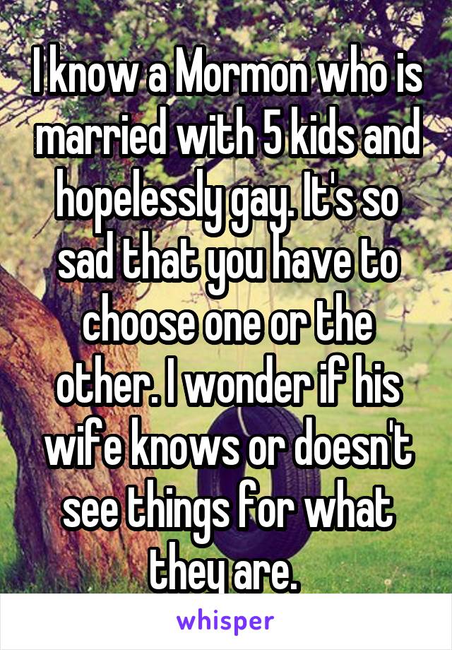 I know a Mormon who is married with 5 kids and hopelessly gay. It's so sad that you have to choose one or the other. I wonder if his wife knows or doesn't see things for what they are. 