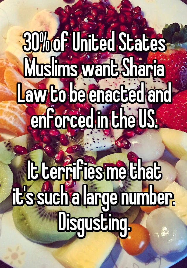 30% of United States Muslims want Sharia Law to be enacted and enforced in the US.

It terrifies me that it's such a large number. Disgusting.