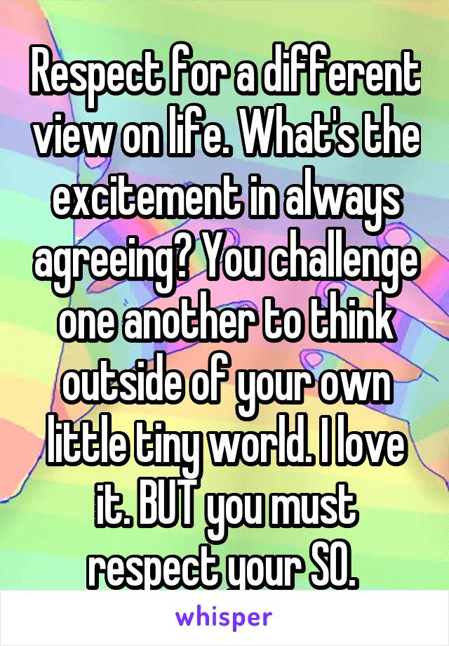 Respect for a different view on life. What's the excitement in always agreeing? You challenge one another to think outside of your own little tiny world. I love it. BUT you must respect your SO. 