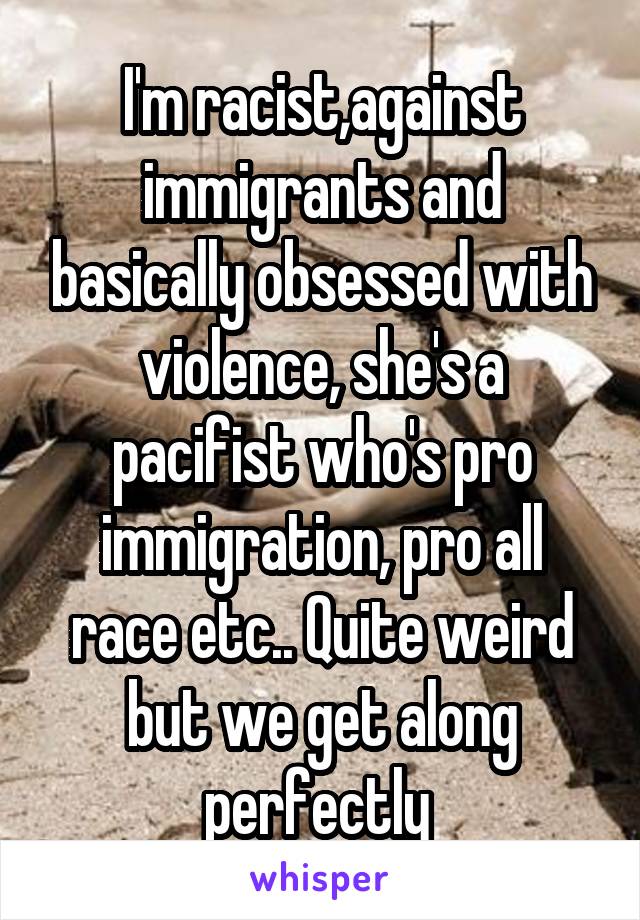 I'm racist,against immigrants and basically obsessed with violence, she's a pacifist who's pro immigration, pro all race etc.. Quite weird but we get along perfectly 
