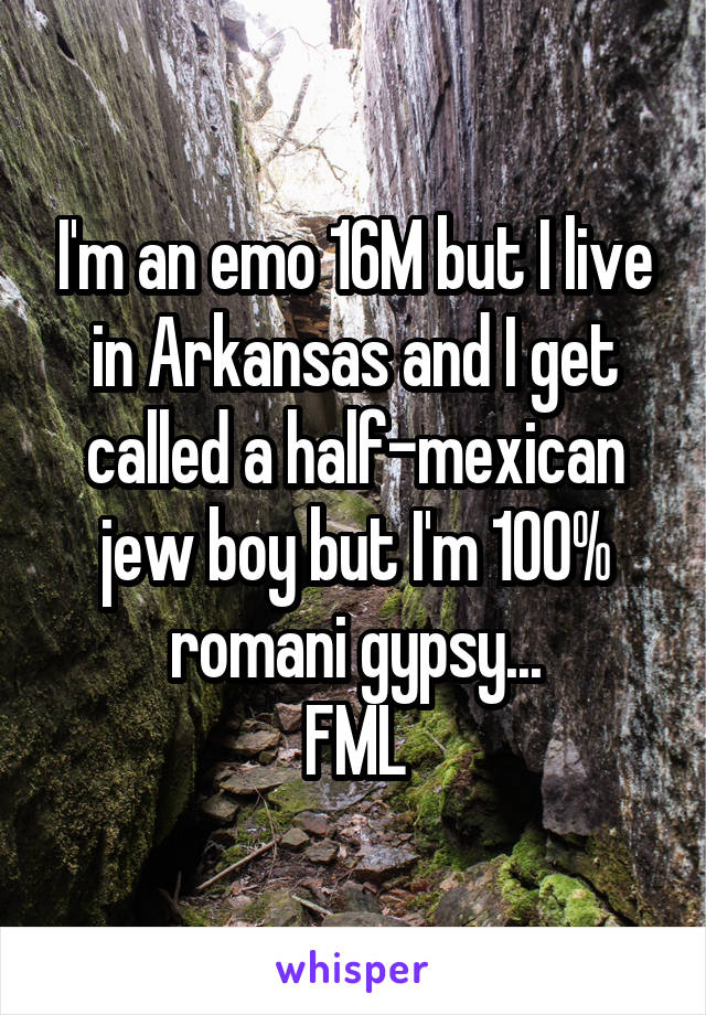 I'm an emo 16M but I live in Arkansas and I get called a half-mexican jew boy but I'm 100% romani gypsy...
FML