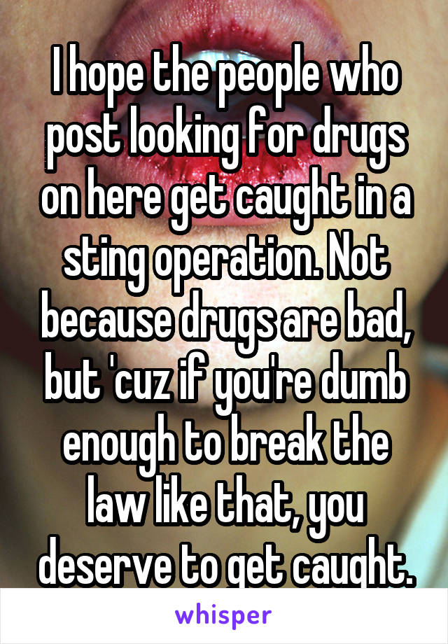 I hope the people who post looking for drugs on here get caught in a sting operation. Not because drugs are bad, but 'cuz if you're dumb enough to break the law like that, you deserve to get caught.