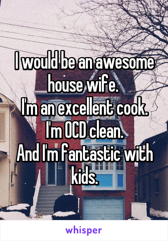 I would be an awesome house wife. 
I'm an excellent cook.
I'm OCD clean.
And I'm fantastic with kids.