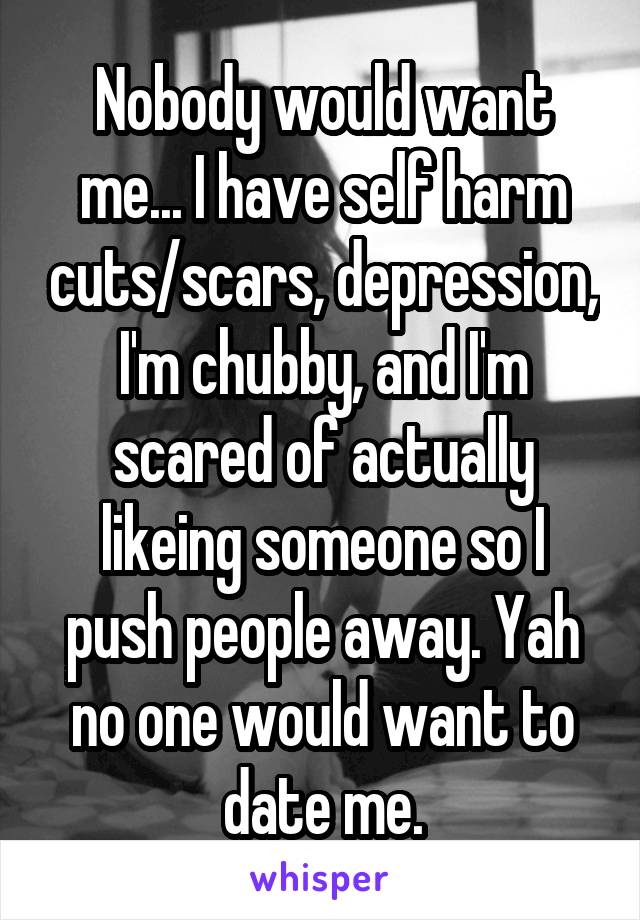 Nobody would want me... I have self harm cuts/scars, depression, I'm chubby, and I'm scared of actually likeing someone so I push people away. Yah no one would want to date me.