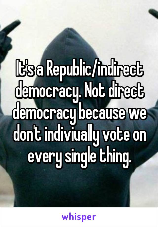 It's a Republic/indirect democracy. Not direct democracy because we don't indiviually vote on every single thing.