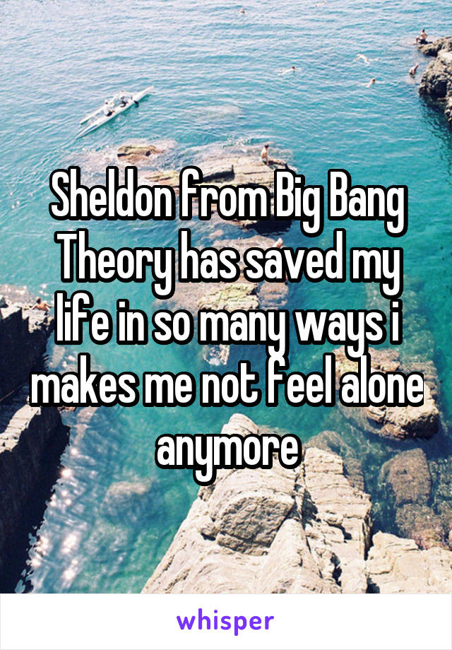Sheldon from Big Bang Theory has saved my life in so many ways i makes me not feel alone anymore