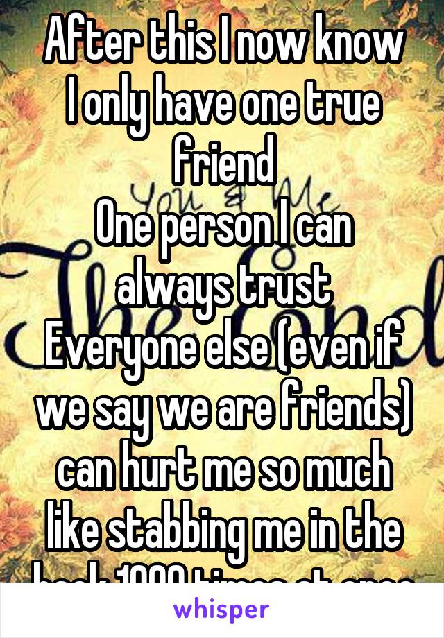 After this I now know
I only have one true friend
One person I can always trust
Everyone else (even if we say we are friends) can hurt me so much like stabbing me in the back 1000 times at once