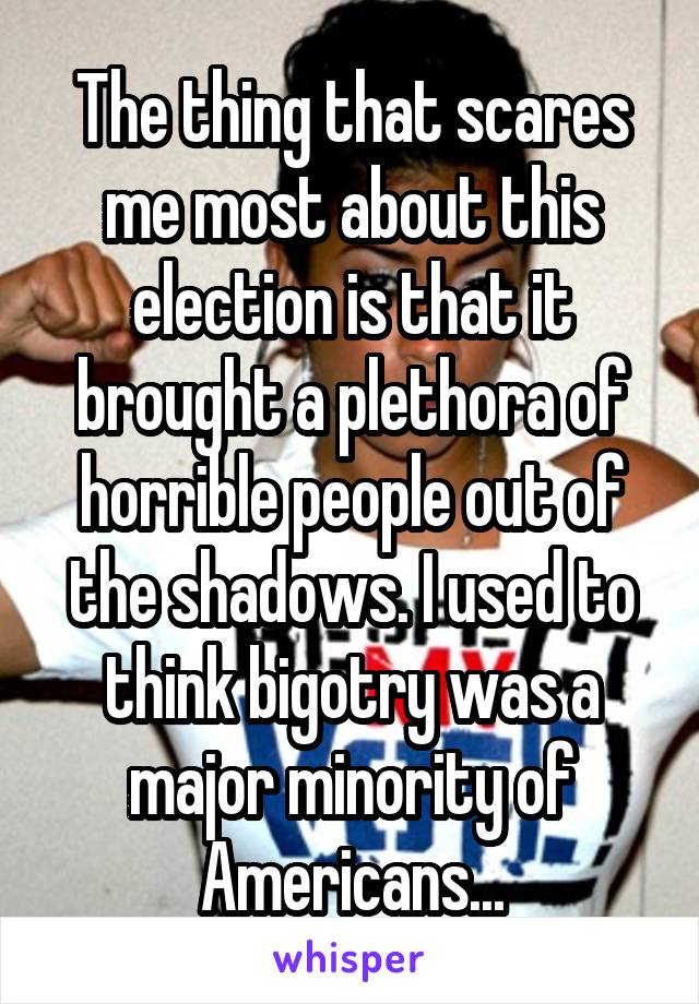 The thing that scares me most about this election is that it brought a plethora of horrible people out of the shadows. I used to think bigotry was a major minority of Americans...