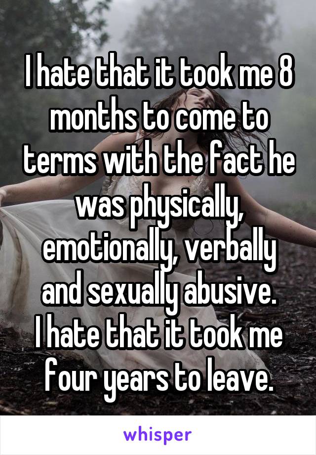 I hate that it took me 8 months to come to terms with the fact he was physically, emotionally, verbally and sexually abusive.
I hate that it took me four years to leave.
